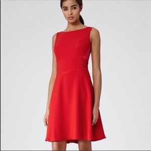 Reiss red jade pleated back fit and flare dress